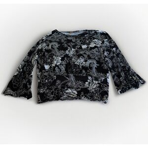 Vintage Susan Lawrence Blouse Womens XL Black Floral Round Neckline